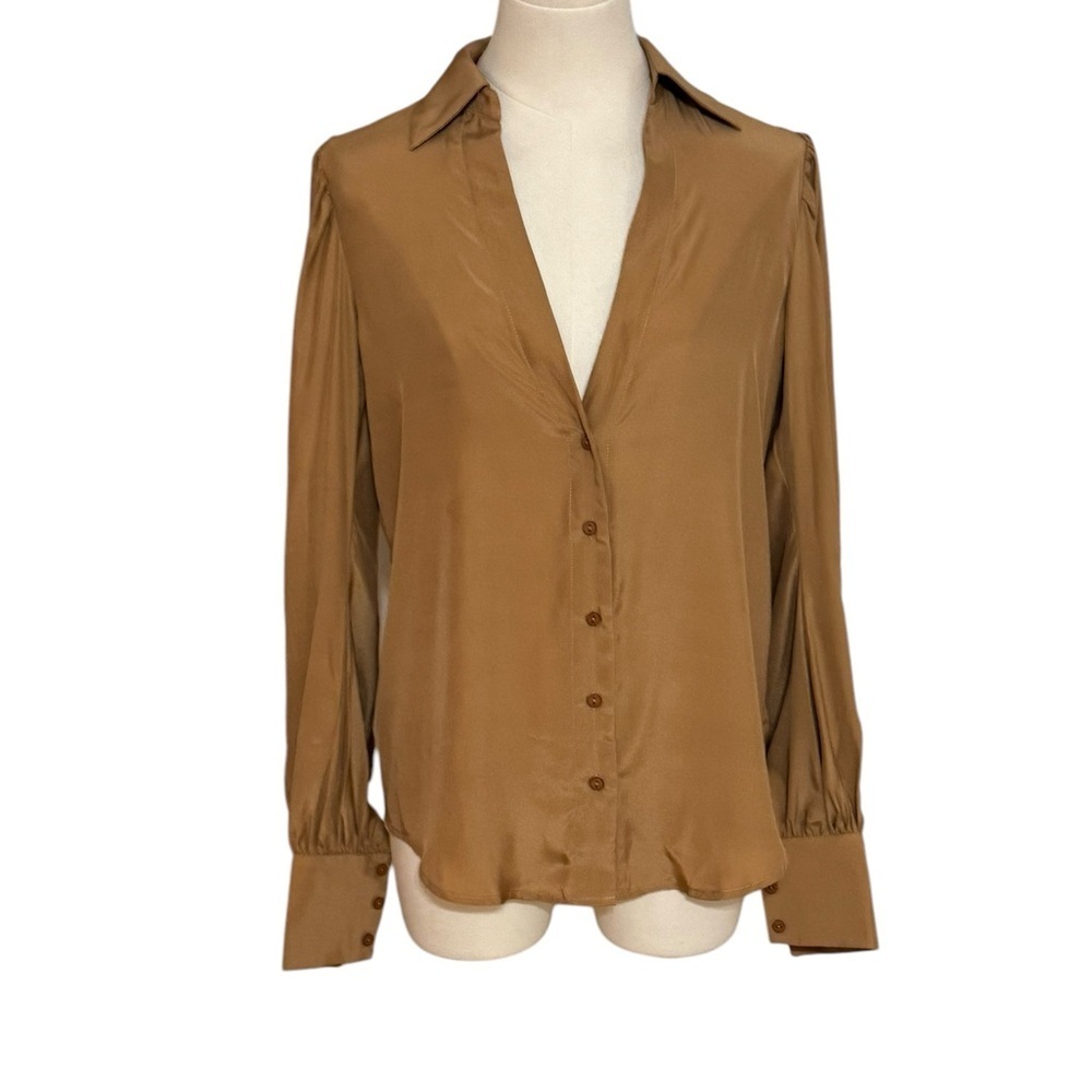 GOLD HAWK Shirt 100% Silk Size XS Blouse‎ Top Tan Luxury Business Casual Party - Picture 3 of 10